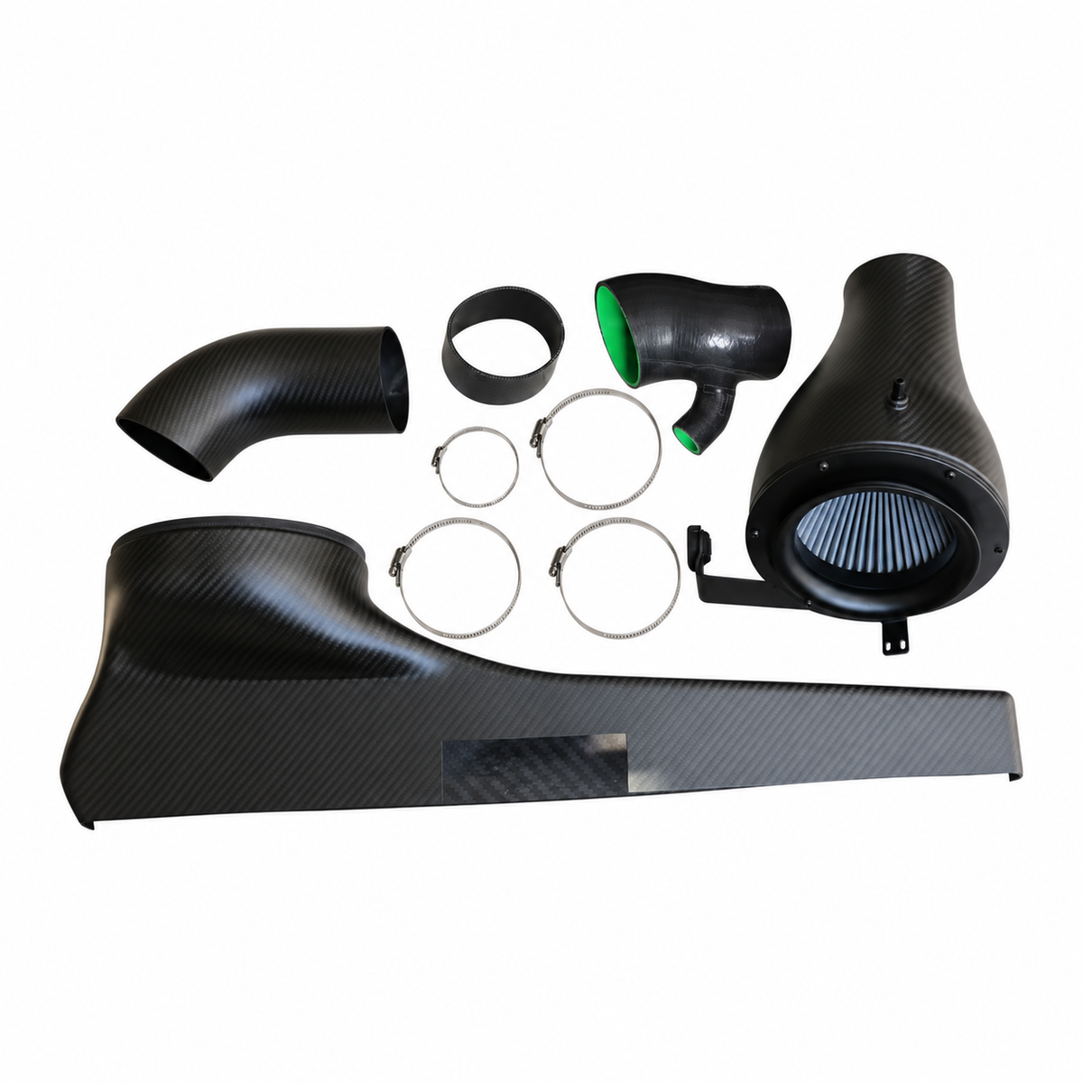 VW Golf R MK8 matte carbon fiber intake system layout with housing duct filter hoses clamps and hardware